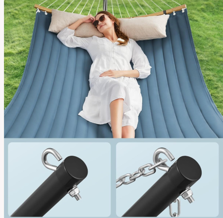 Hamac cu suport metalic, cu suprafata captusita, reglabil, include perna, 200 kg, 300x120x110 cm, albastru [4]