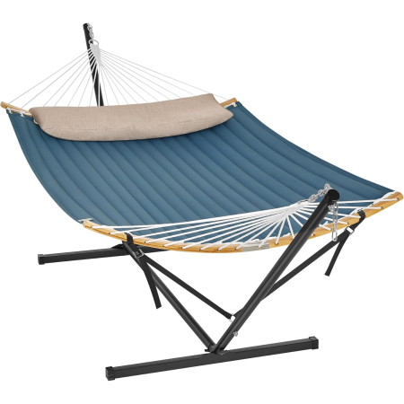 Gradina & balcon - Hamac cu suport metalic, cu suprafata captusita, reglabil, include perna, 200 kg, 300x120x110 cm, albastru