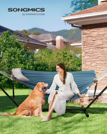 Hamac cu suport metalic, cu suprafata captusita, reglabil, include perna, 200 kg, 300x120x110 cm, albastru [1]