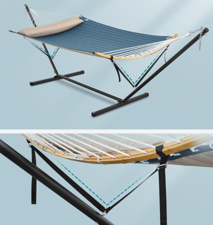 Hamac cu suport metalic, cu suprafata captusita, reglabil, include perna, 200 kg, 300x120x110 cm, albastru [2]