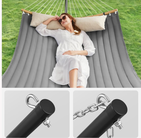 Hamac cu suport metalic, cu suprafata captusita, reglabil, include perna, 200 kg, 300x120x110 cm, gri [4]