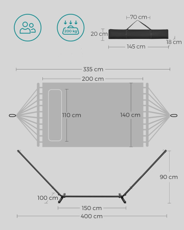 Hamac cu suport metalic, cu suprafata captusita, reglabil, include perna, 200 kg, 300x120x110 cm, gri [3]