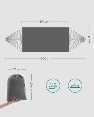Hamac dublu, accesorii de prindere cu chingi si carabiniere, 210x150 cm, 300 kg, gri [2]