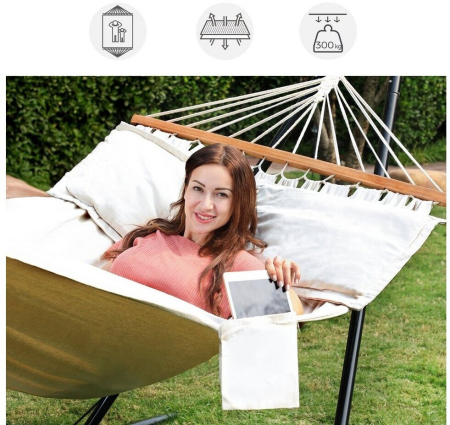 Hamac dublu cu bara lemn, perne incluse, maxim 300 kg, 210x150 cm, bej [7]