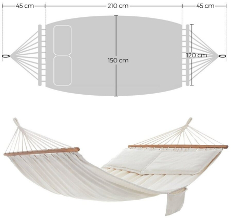 Hamac dublu cu bara lemn, perne incluse, maxim 300 kg, 210x150 cm, bej [11]