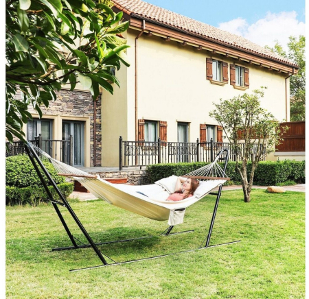 Hamac dublu cu bara lemn, perne incluse, maxim 300 kg, 210x150 cm, bej [8]