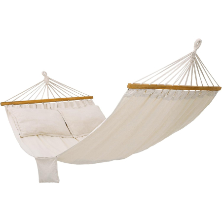 Hamac dublu cu bara lemn, perne incluse, maxim 300 kg, 210x150 cm, bej [5]