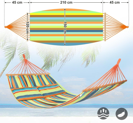 SONGMICS Hamac dublu cu bara lemn, perne incluse, maxim 300 kg, 210x150 cm, multicolor [1]