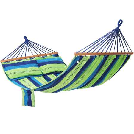 Gradina & balcon - Hamac dublu cu bara lemn, perne incluse, maxim 300 kg, 210x150 cm, verde si albastru