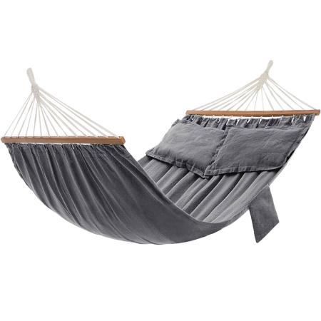 Gradina & balcon - Hamac dublu cu bara lemn stabilizatoare, 2 perne incluse, bumbac si poliester 380g/m2, max 300 kg, 210x150 cm, gri