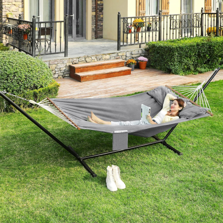 Hamac dublu cu bara lemn stabilizatoare, 2 perne incluse, bumbac si poliester 380g/m2, max 300 kg, 210x150 cm, gri [1]