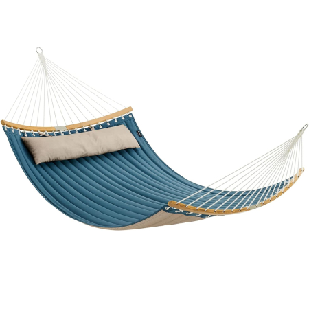 Balansoare si leagane de gradina - Hamac dublu cu bare curbate din bambus, perna inclusa, maxim 225 kg, 200x140 cm, albastru