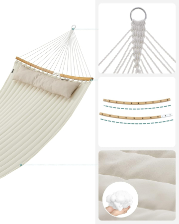 Hamac dublu cu bare curbate din bambus, perna inclusa, maxim 225 kg, 200x140 cm, crem [2]