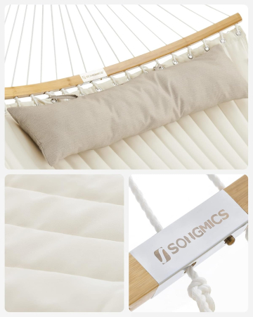 Hamac dublu cu bare curbate din bambus, perna inclusa, maxim 225 kg, 200x140 cm, crem [3]