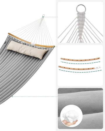 Hamac dublu cu bare curbate din bambus, perna inclusa, maxim 225 kg, 200x140 cm, gri [6]
