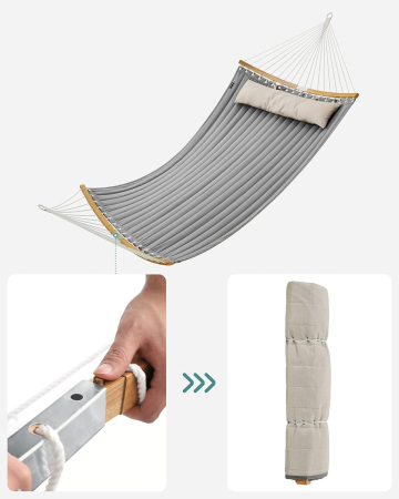 Hamac dublu cu bare curbate din bambus, perna inclusa, maxim 225 kg, 200x140 cm, gri [1]
