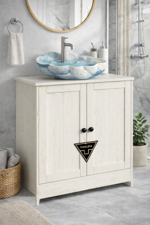 Masca baie pentru chiuveta, suport lavoar, raft reglabil, stil rustic modern, 60x30x61 cm, alb rustic [8]