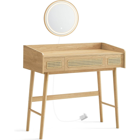 SONGMICS Masuta de toaleta cu oglinda iluminata LED, 3 sertare aspect ratan, stil boho, MDF si lemn, 88x43x82 cm, bej [5]