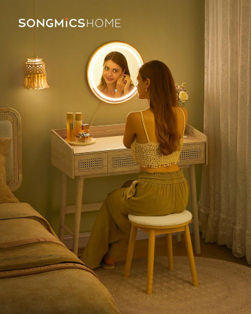 SONGMICS Masuta de toaleta cu oglinda iluminata LED, 3 sertare aspect ratan, stil boho, MDF si lemn, 88x43x82 cm, bej [3]