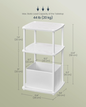 SONGMICS Masuta laterala tip noptiera, cu 3 rafturi si cos textil, cadru metalic, 30x34x58 cm, alb mat [4]