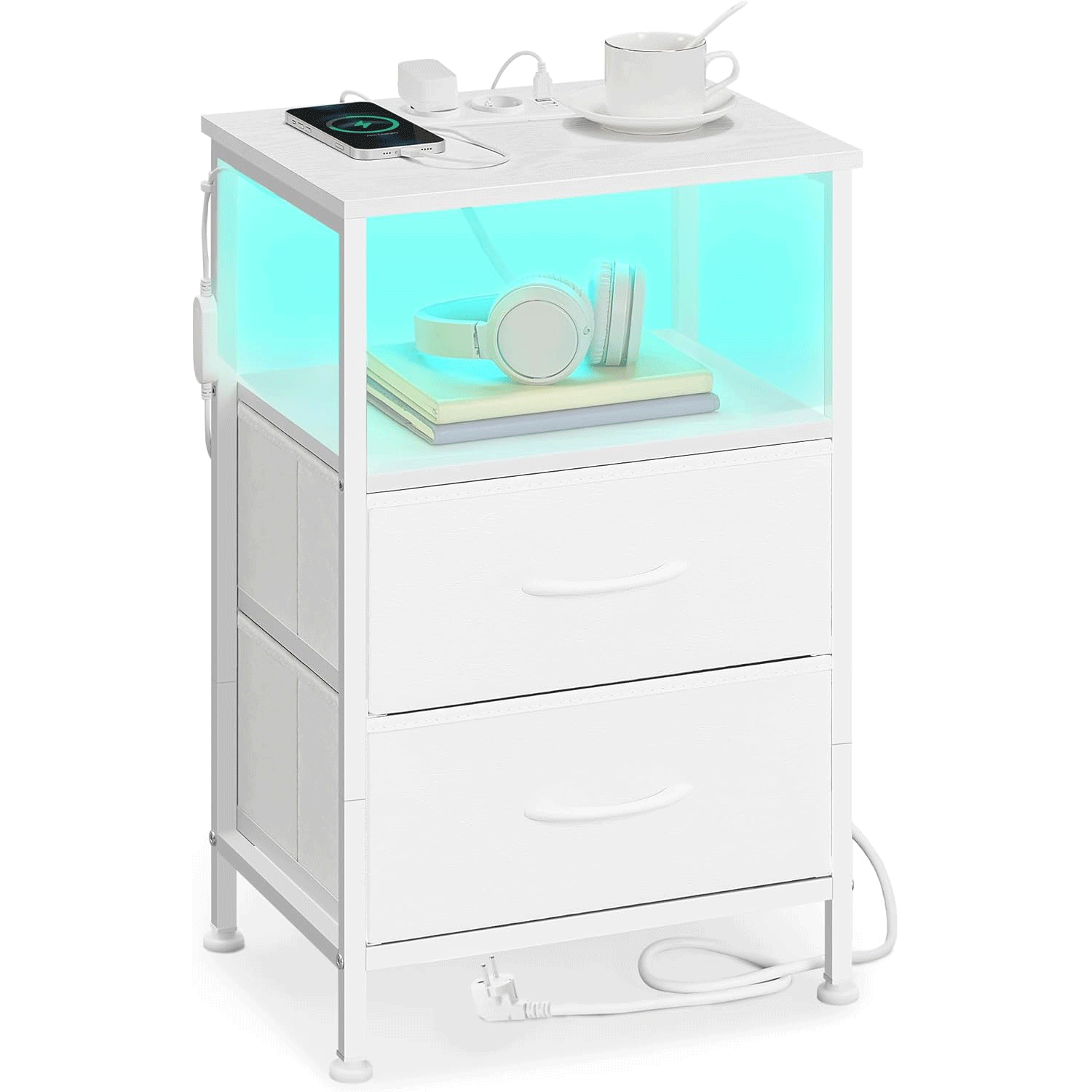 Noptiere - Noptiera cu statie de incarcare si iluminare LED, 2 sertare si raft deschis, control aplicatie, 40x35x60 cm, alb