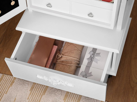 Oglinda de podea cu dulap depozitare bijuterii, iluminare LED si roti, cu cheie, 35x45x156 cm, alb [2]