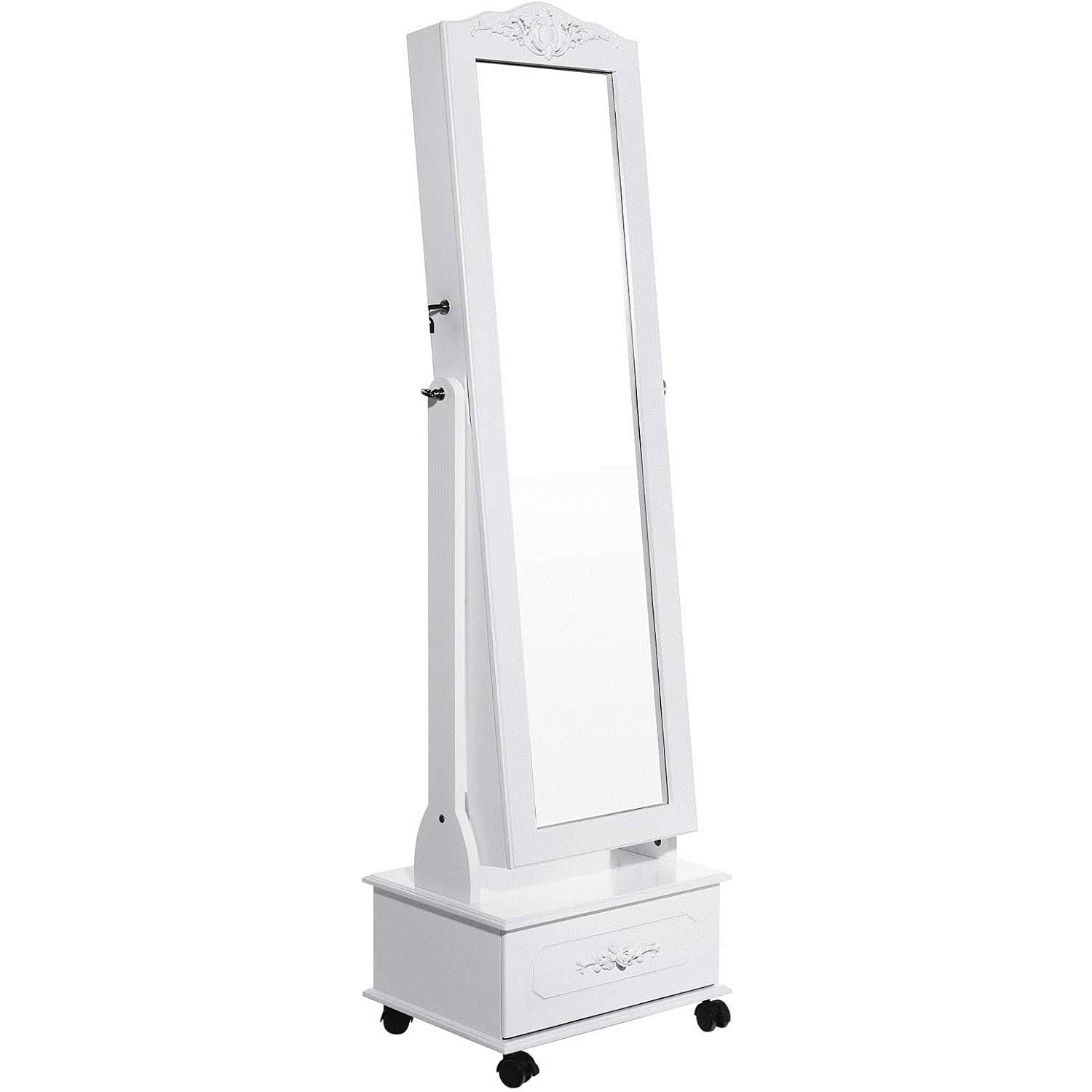 Oglinda de podea cu dulap depozitare bijuterii, iluminare LED si roti, cu cheie, 35x45x156 cm, alb [1]