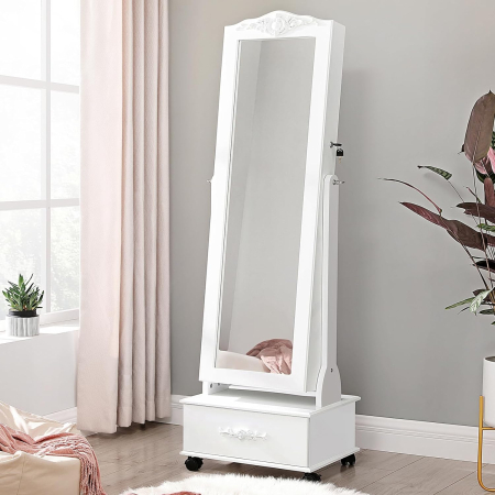 Mese toaleta si oglinzi - Oglinda de podea cu dulap depozitare bijuterii, iluminare LED si roti, cu cheie, 35x45x156 cm, alb