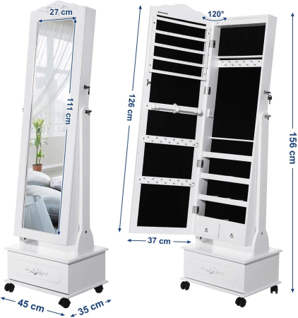 Oglinda de podea cu dulap depozitare bijuterii, iluminare LED si roti, cu cheie, 35x45x156 cm, alb [12]