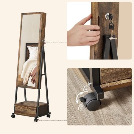 Oglinda de podea cu suport mobil pe roti, spatiu de depozitare, 42x37x153 cm, maro rustic [7]