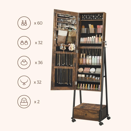 Oglinda de podea cu suport mobil pe roti, spatiu de depozitare, 42x37x153 cm, maro rustic [4]