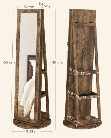 Oglinda de podea cu suport rotativ la 360  , cu spatiu de depozitare, 55x55x161cm, maro rustic [7]