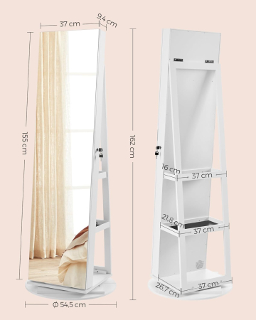 Oglinda de podea cu suport rotativ la 360Â°, cu spatiu de depozitare, 55x55x162 cm, alb cenusiu [2]