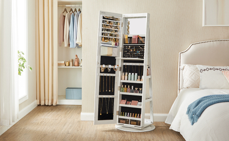 Oglinda de podea cu suport rotativ la 360Â°, cu spatiu de depozitare, 55x55x162 cm, alb cenusiu [5]