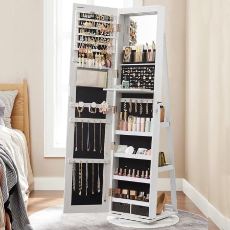 Dormitor & birou - Oglinda de podea cu suport rotativ la 360Â°, cu spatiu de depozitare, 55x55x162 cm, alb cenusiu