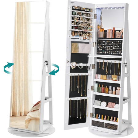 Oglinda de podea cu suport rotativ la 360Â°, cu spatiu de depozitare, 55x55x162 cm, alb cenusiu [9]