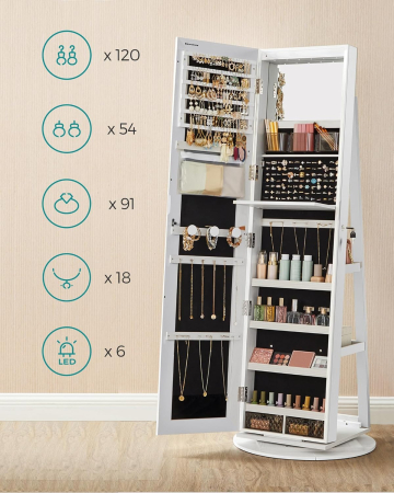 Oglinda de podea cu suport rotativ la 360Â°, cu spatiu de depozitare, 55x55x162 cm, alb cenusiu [6]