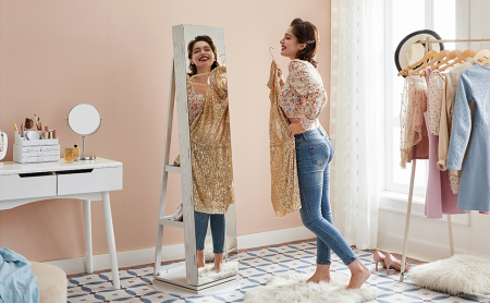 Oglinda de podea cu suport rotativ la 360Â°, cu spatiu de depozitare, 55x55x162 cm, alb cenusiu [4]