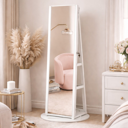 Dormitor & birou - Oglinda de podea cu suport rotativ la 360Â°, cu spatiu de depozitare, material MDF, 55x55x162 cm, alb