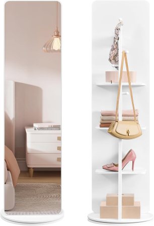 Oglinda inalta rotativa 360Â°, 2 in 1 cu rafturi si cuier in spate, MDF, sticla securizata, 45x45x163 cm, alb [3]