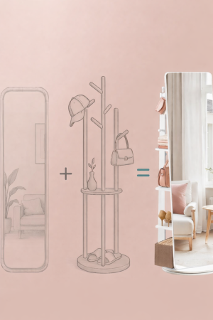 Oglinda inalta rotativa 360Â°, 2 in 1 cu rafturi si cuier in spate, MDF, sticla securizata, 45x45x163 cm, alb [6]