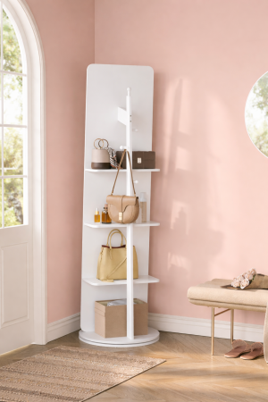 Oglinda inalta rotativa 360Â°, 2 in 1 cu rafturi si cuier in spate, MDF, sticla securizata, 45x45x163 cm, alb [4]