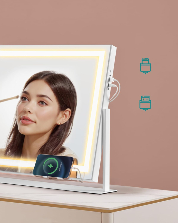 Oglinda machiaj cu iluminare LED, 3 culori lumina, suport telefon, 2 porturi USB, zoom 10x, 58x43 cm, alb [6]