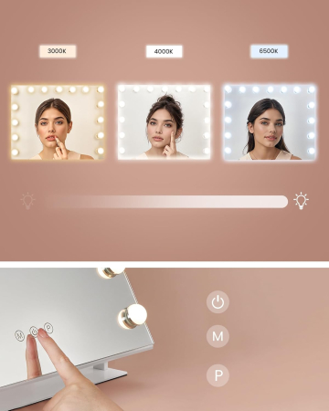 Oglinda machiaj cu iluminare LED, 3 culori lumina, suport telefon, 2 porturi USB, zoom 10x, 58x43 cm, alb [3]