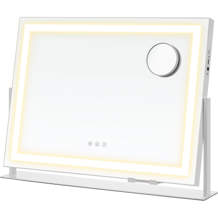 Oglinda machiaj cu iluminare LED, 3 culori lumina, suport telefon, 2 porturi USB, zoom 10x, 58x43 cm, alb [1]