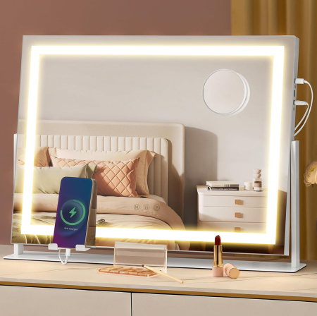 Mese toaleta si oglinzi - Oglinda machiaj cu iluminare LED, 3 culori lumina, suport telefon, 2 porturi USB, zoom 10x, 58x43 cm, alb