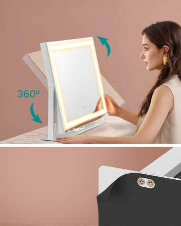 Oglinda machiaj cu iluminare LED, 3 culori lumina, suport telefon, 2 porturi USB, zoom 10x, 58x43 cm, alb [4]