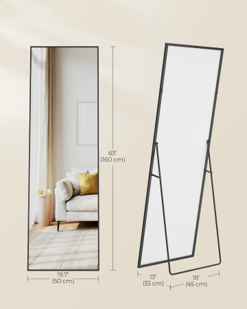 Oglinda mare de podea cu rama aluminiu, montare pe perete sau suport, sticla securizata, 160x50 cm, negru [6]
