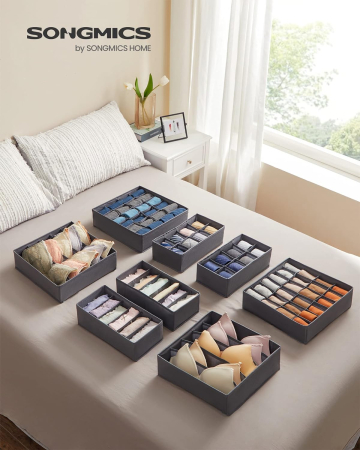 SONGMICS Organizatoare dulap sau sertar, set 8 cutii de depozitare a lenjeriei de corp, pliabile, 64x48x10cm, gri [1]