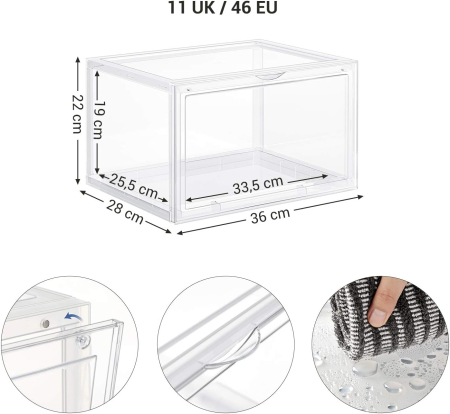Organizatoare pantofi, transparente cu usa frontala, stivuibile, PVC, 3 cutii x 36x28x22 cm, transparent [2]